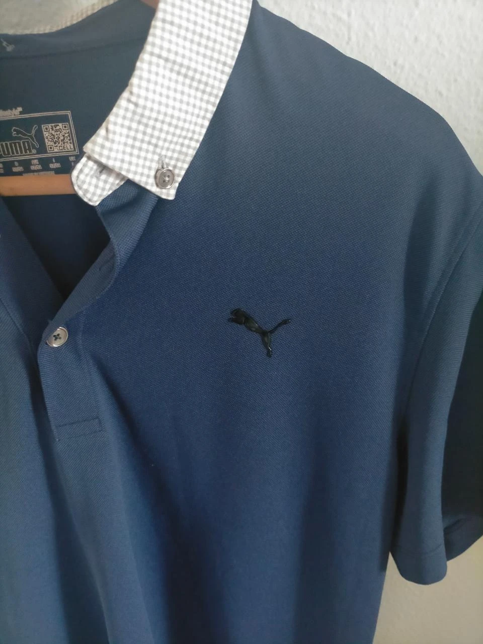 Puma Sports LifeStyle Men's Polo Shirt Navy Blue Gingham Collar Luxury Size L – photo 10